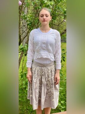 Meadow Rue by Anthropologie Cream Embroidered A-Line Midi Skirt Women’s Size 6